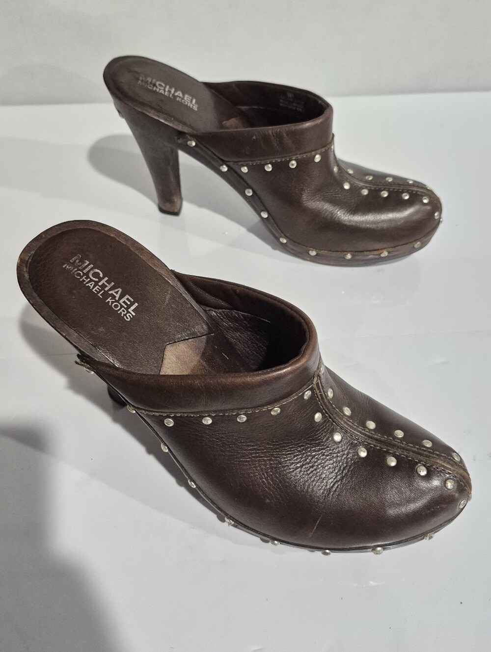 Michael Kors Dark Brown Leather Studded Slip-On Mules Size 9